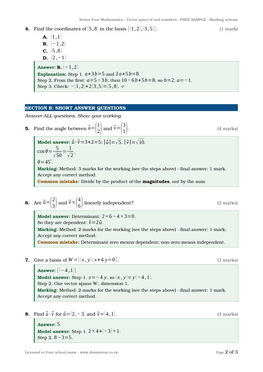 Unit quiz sample, page 2: short answers with model answers and marks