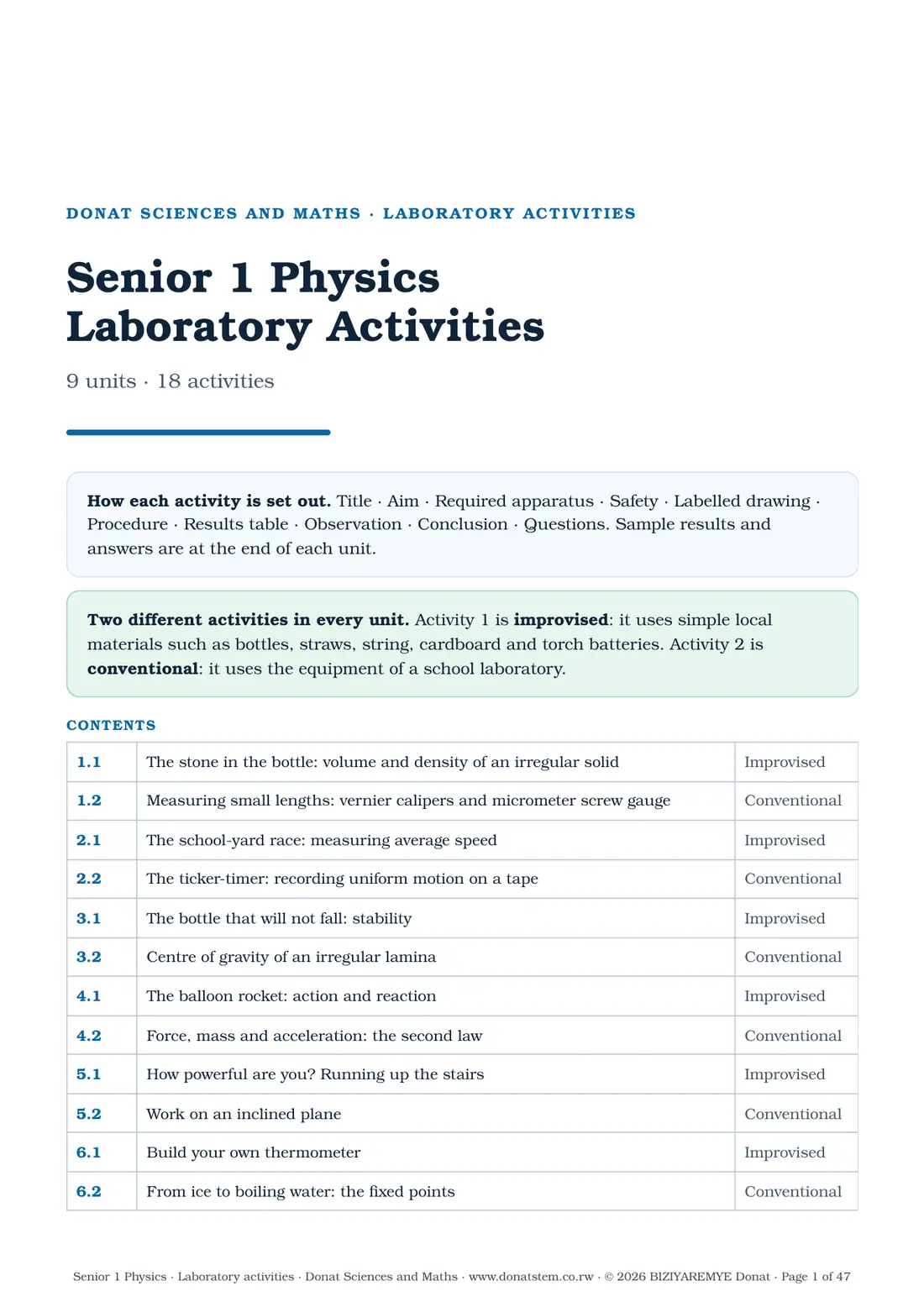 Cover of the Senior 1 laboratory activities