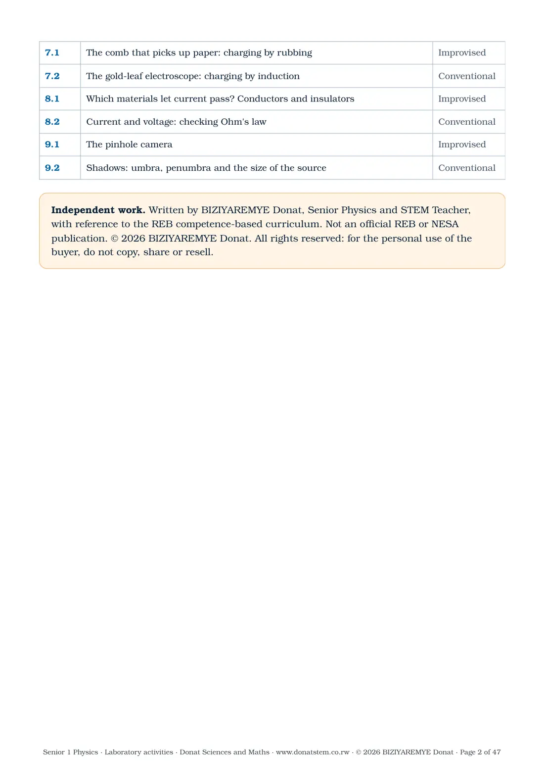 Page 2 of the Senior 1 physics laboratory activities: Contents and independent-work notice