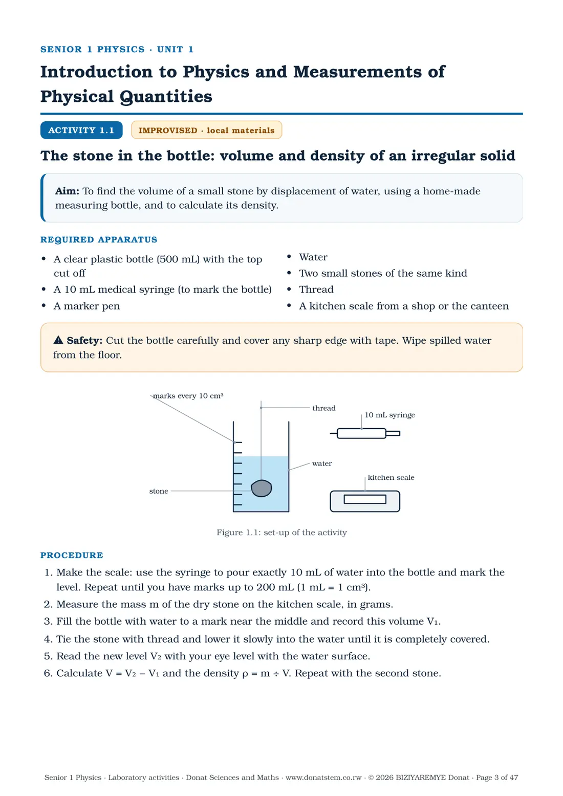 Page 3 of the Senior 1 physics laboratory activities: Activity 1.1 (improvised): aim, apparatus, labelled drawing and procedure