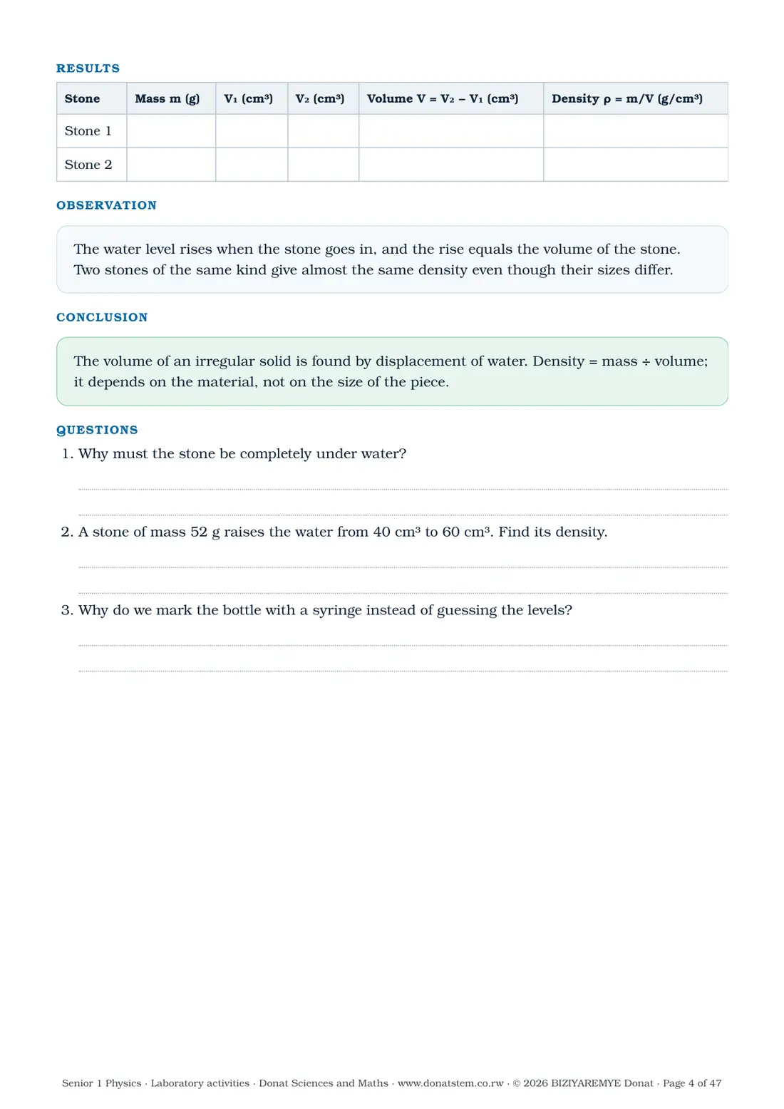 Page 4 of the Senior 1 physics laboratory activities: Activity 1.1: results table, observation, conclusion and questions