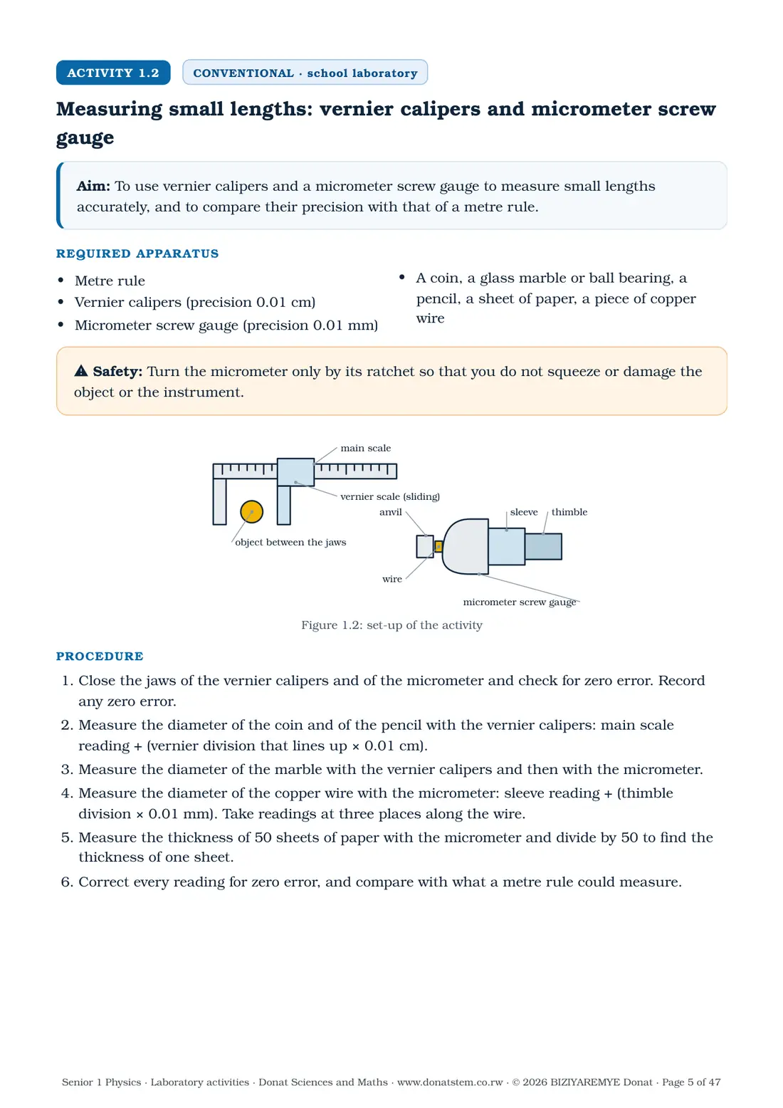 Page 5 of the Senior 1 physics laboratory activities: Activity 1.2 (conventional) begins