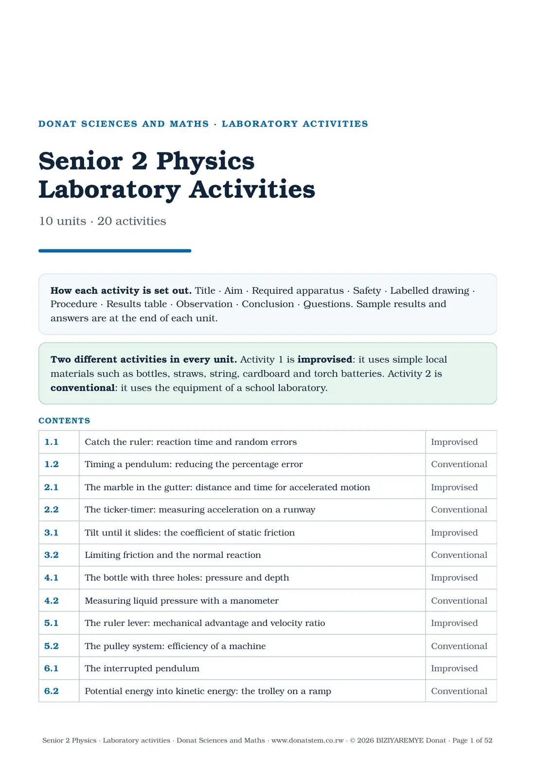 Cover of the Senior 2 laboratory activities