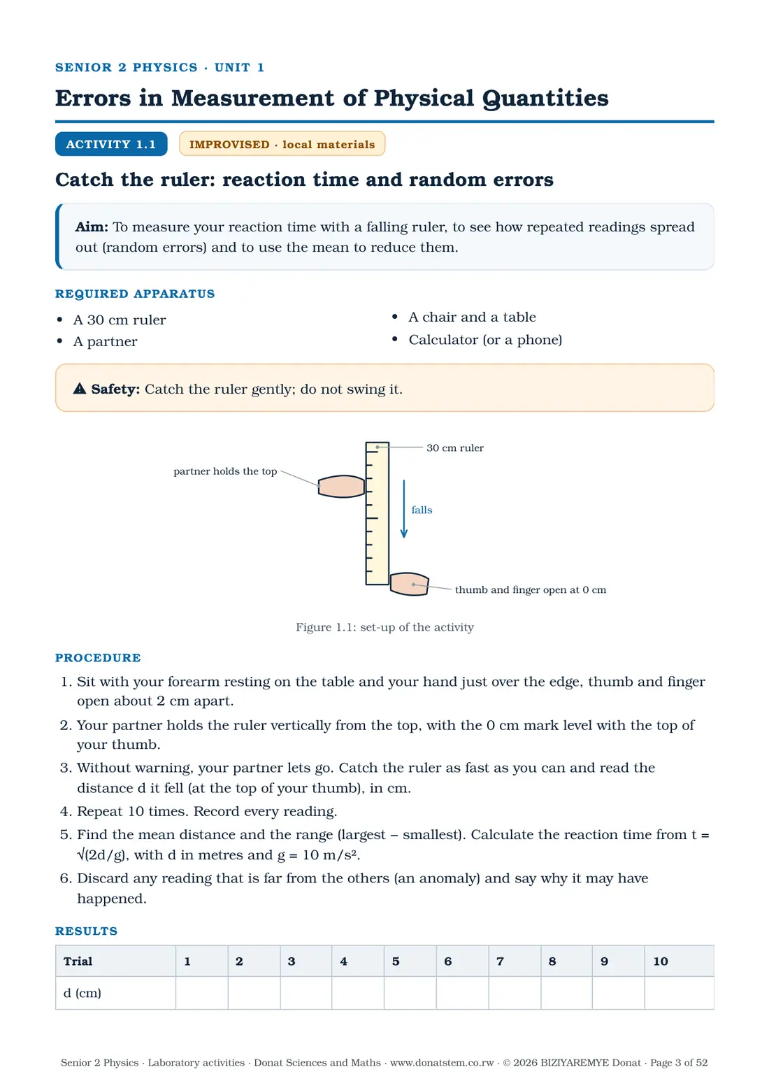 Page 3 of the Senior 2 physics laboratory activities: Activity 1.1 (improvised): aim, apparatus, labelled drawing and procedure