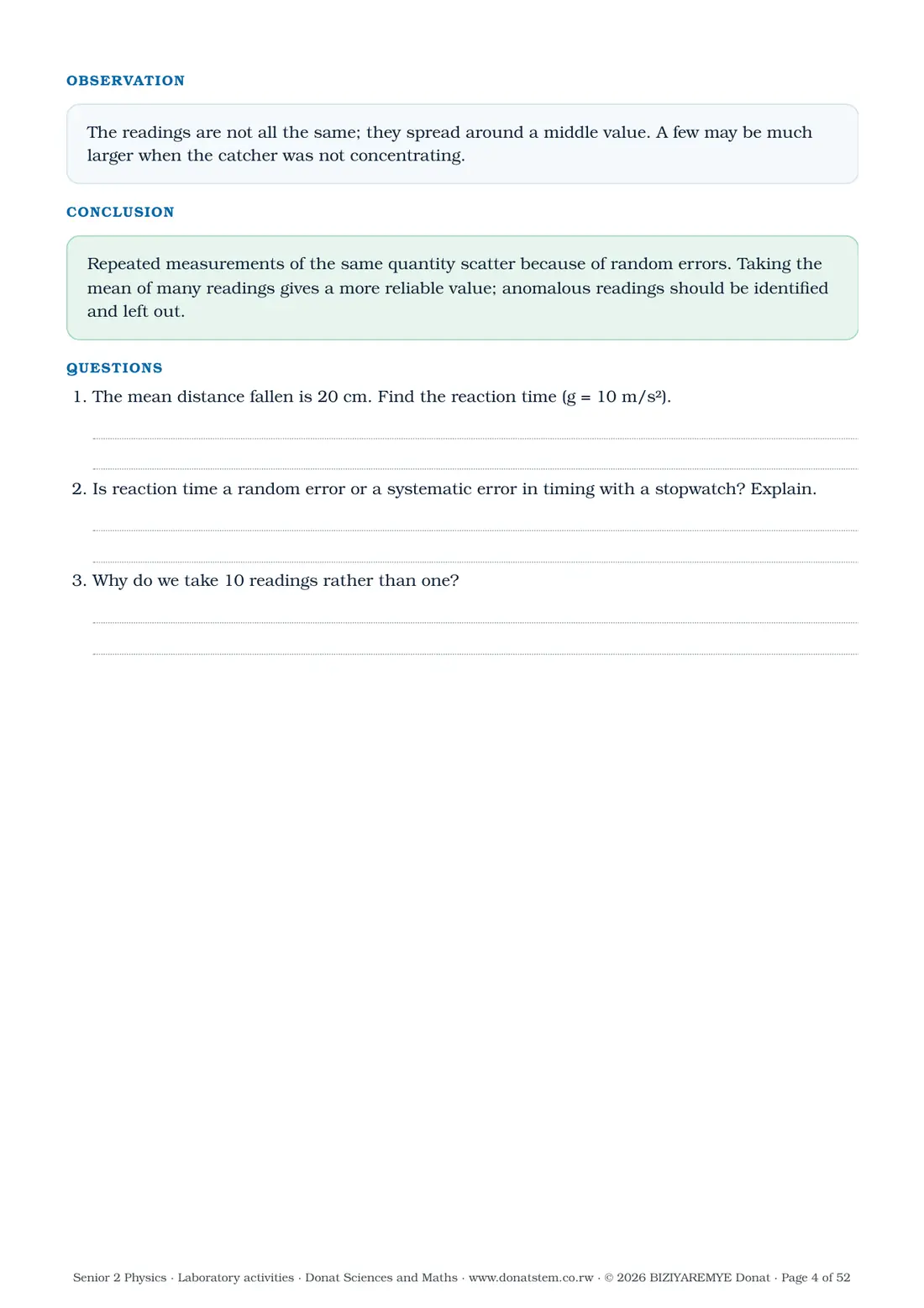 Page 4 of the Senior 2 physics laboratory activities: Activity 1.1: results table, observation, conclusion and questions