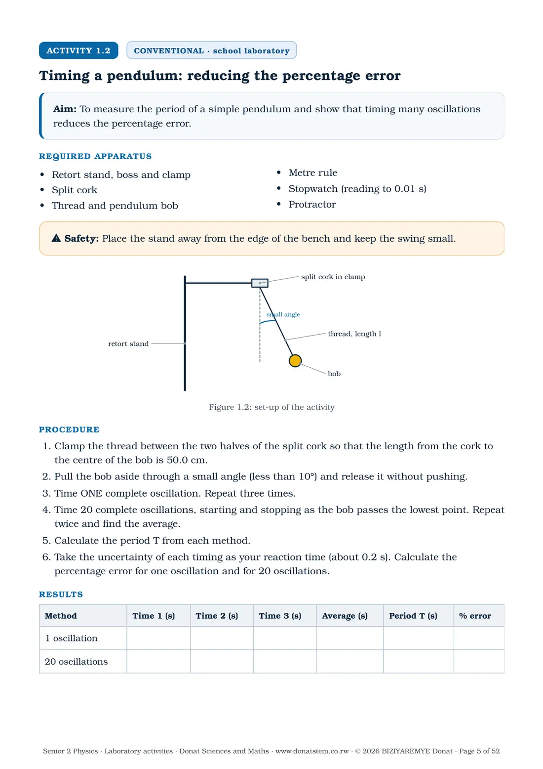 Page 5 of the Senior 2 physics laboratory activities: Activity 1.2 (conventional) begins