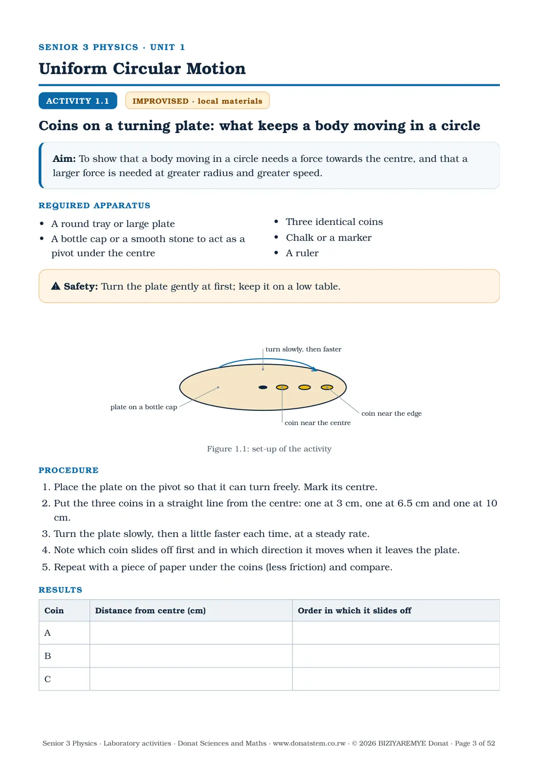 Page 3 of the Senior 3 physics laboratory activities: Activity 1.1 (improvised): aim, apparatus, labelled drawing and procedure