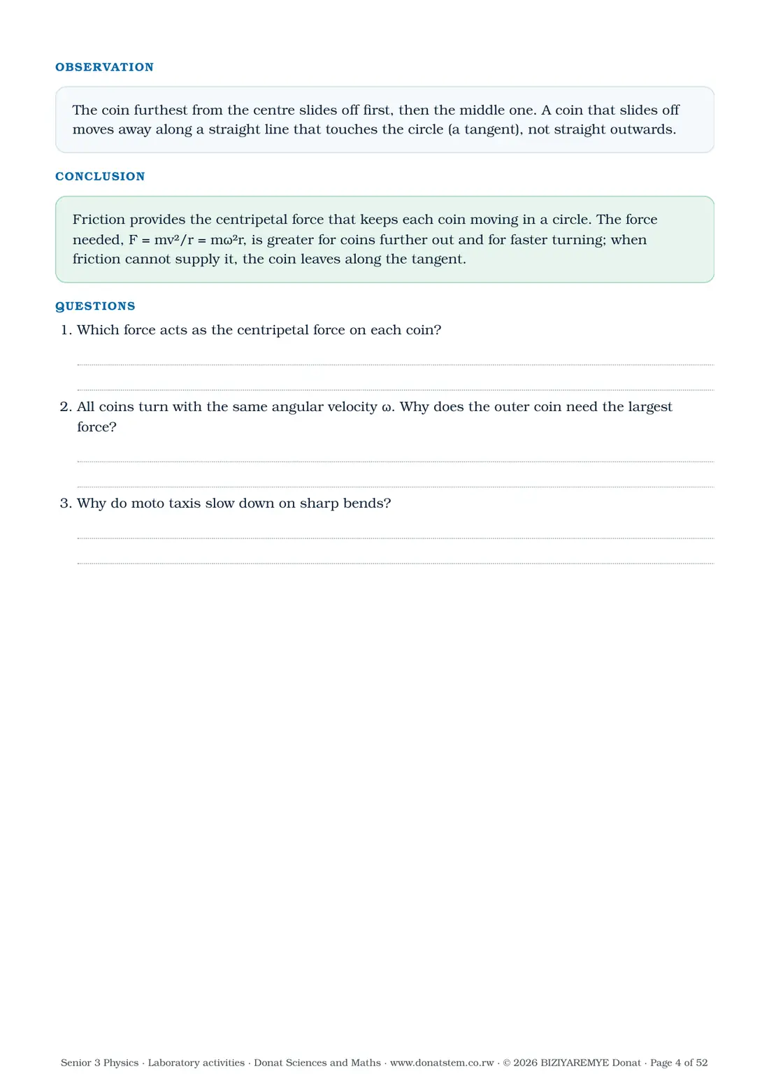 Page 4 of the Senior 3 physics laboratory activities: Activity 1.1: results table, observation, conclusion and questions
