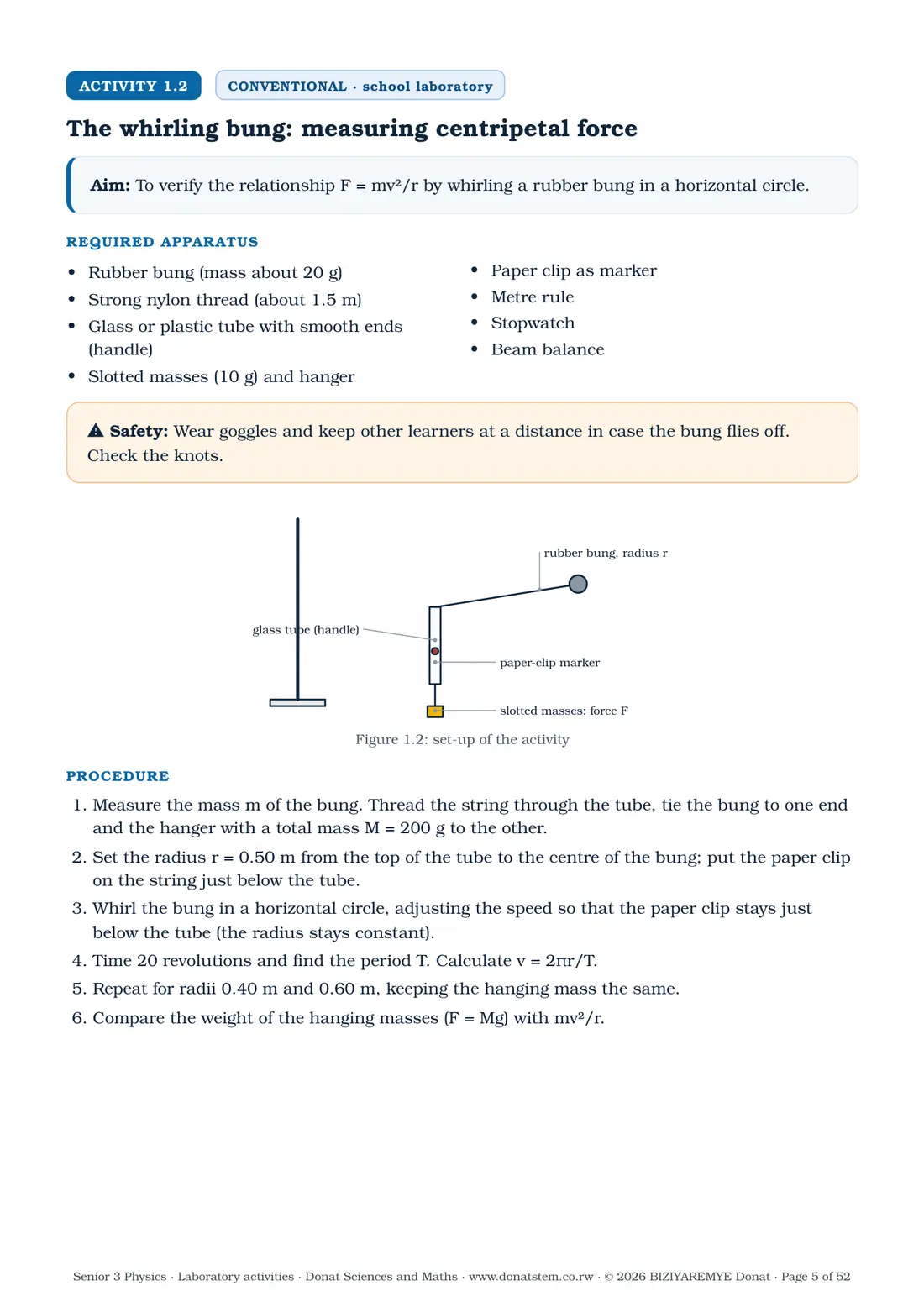 Page 5 of the Senior 3 physics laboratory activities: Activity 1.2 (conventional) begins