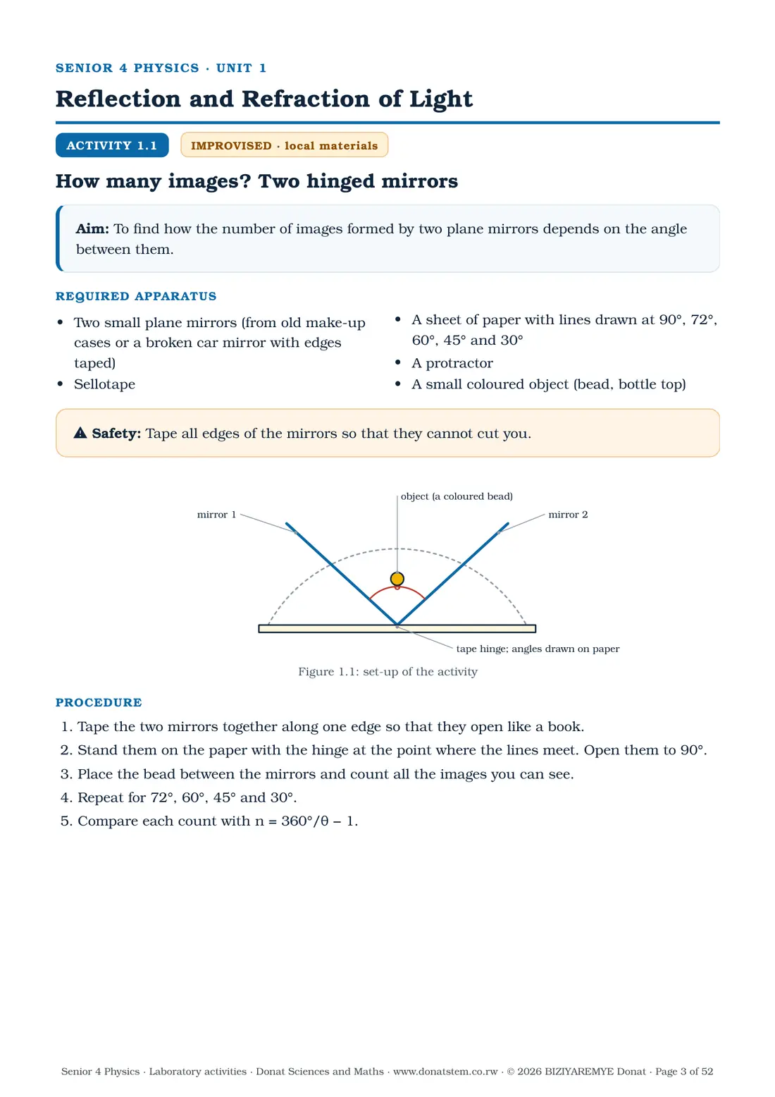 Page 3 of the Senior 4 physics laboratory activities: Activity 1.1 (improvised): aim, apparatus, labelled drawing and procedure