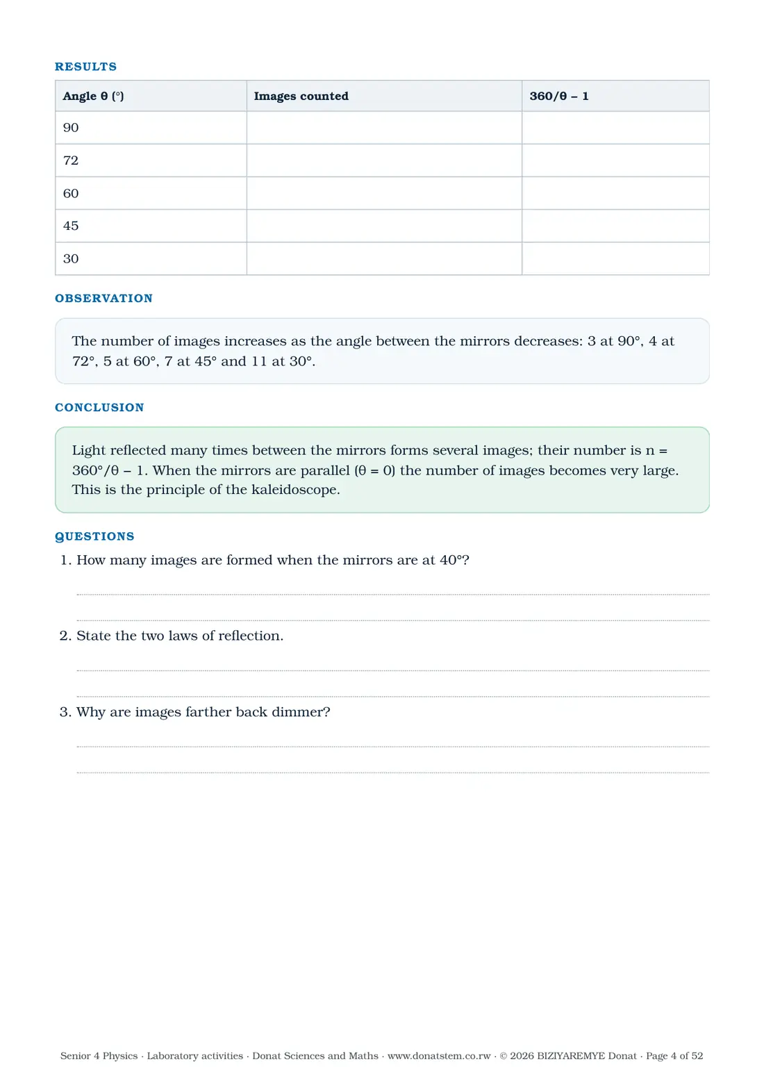 Page 4 of the Senior 4 physics laboratory activities: Activity 1.1: results table, observation, conclusion and questions