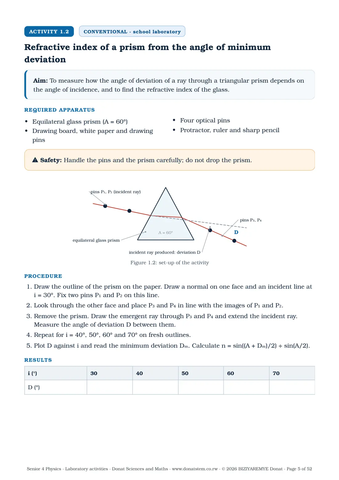 Page 5 of the Senior 4 physics laboratory activities: Activity 1.2 (conventional) begins