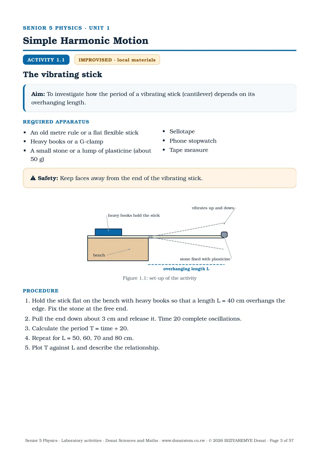 Page 3 of the Senior 5 physics laboratory activities: Activity 1.1 (improvised): aim, apparatus, labelled drawing and procedure