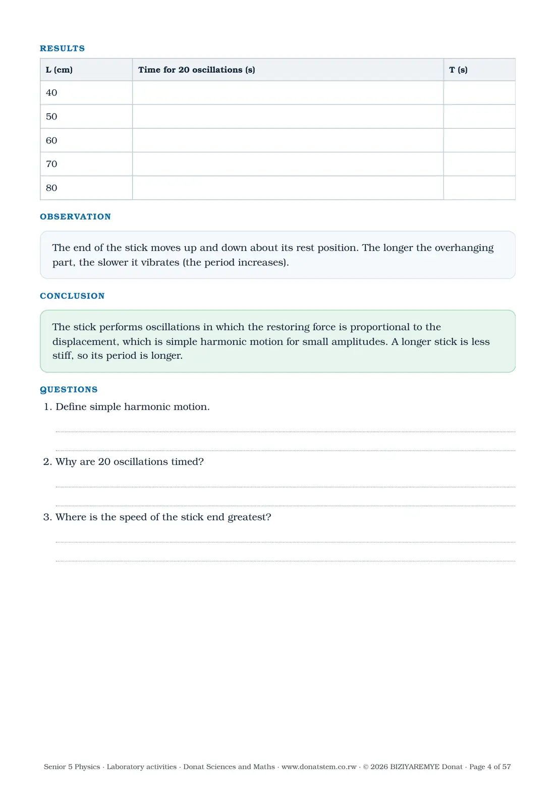 Page 4 of the Senior 5 physics laboratory activities: Activity 1.1: results table, observation, conclusion and questions