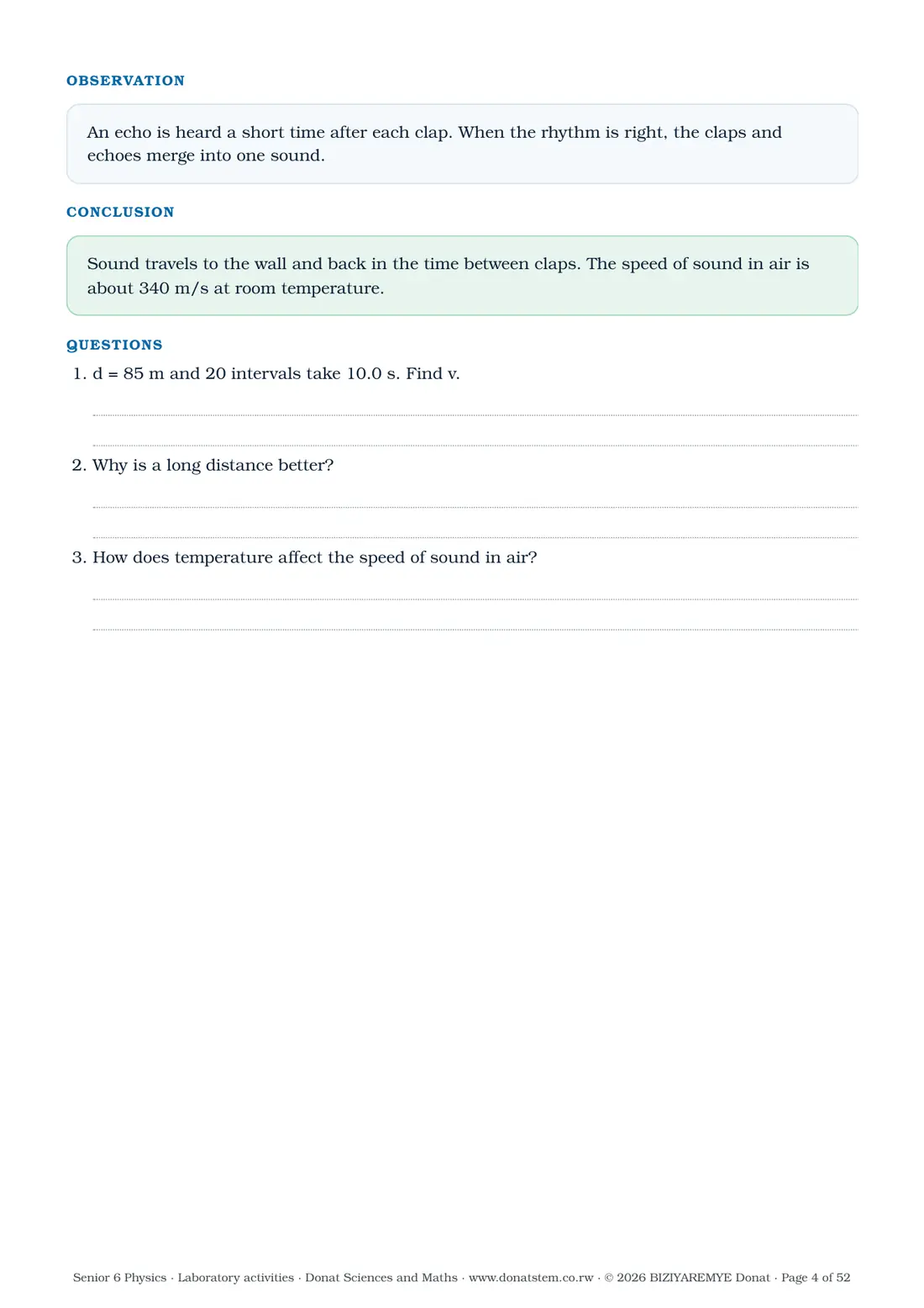Page 4 of the Senior 6 physics laboratory activities: Activity 1.1: results table, observation, conclusion and questions