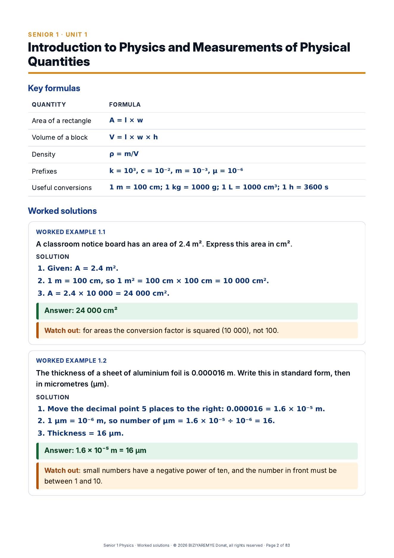 Page 2 of the Senior 1 pack: Worked solutions with “Watch out” notes