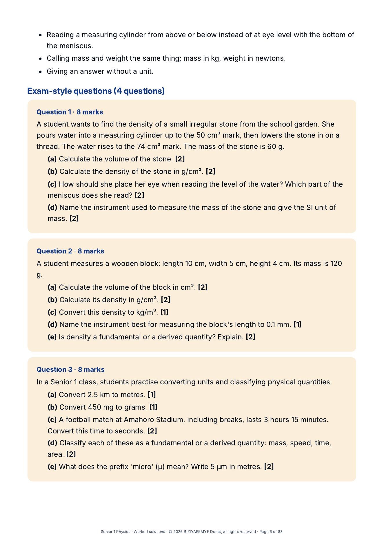 Page 6 of the Senior 1 pack: Exam-style questions with marks