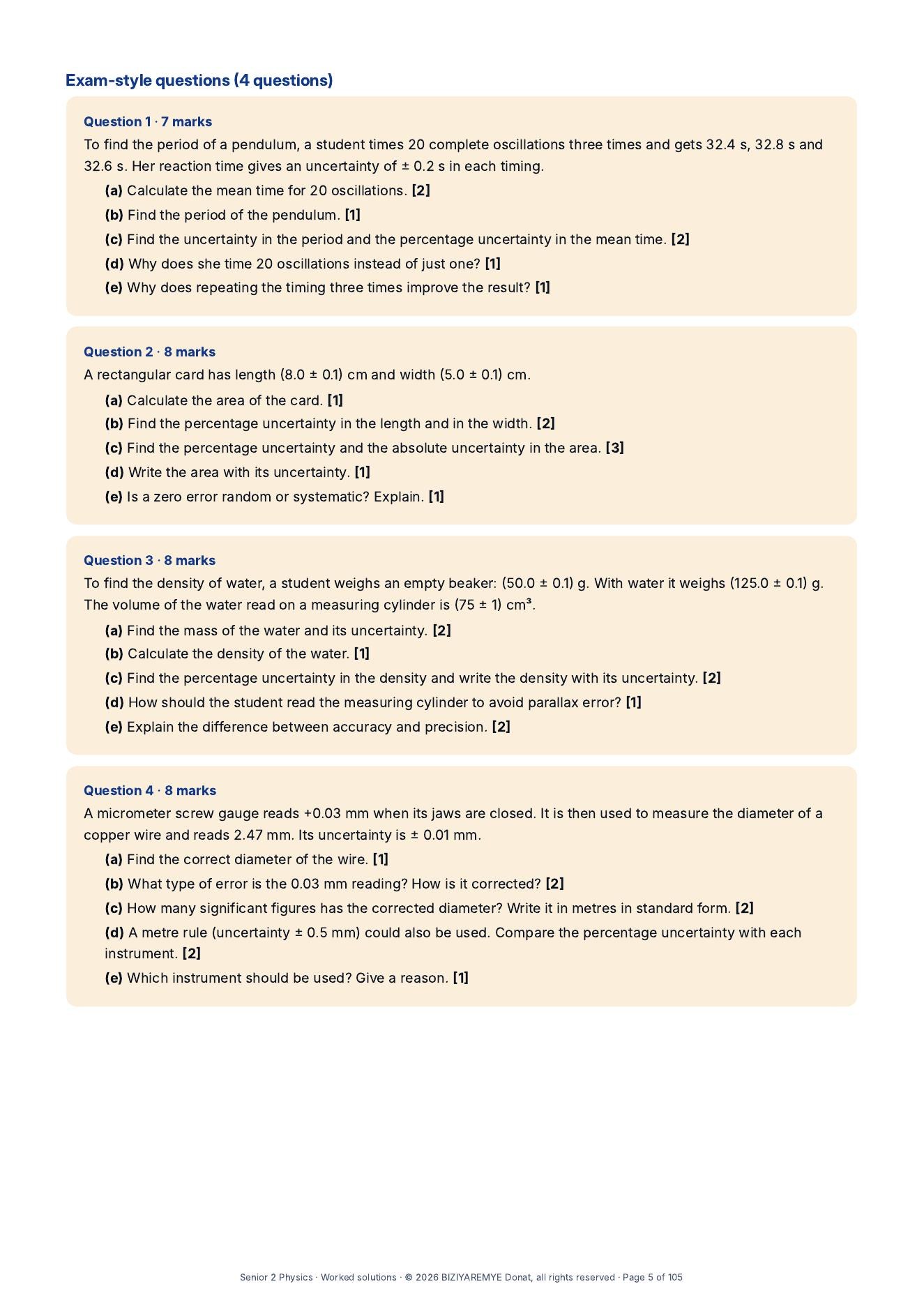 Page 5 of the Senior 2 pack: Exam-style questions with marks