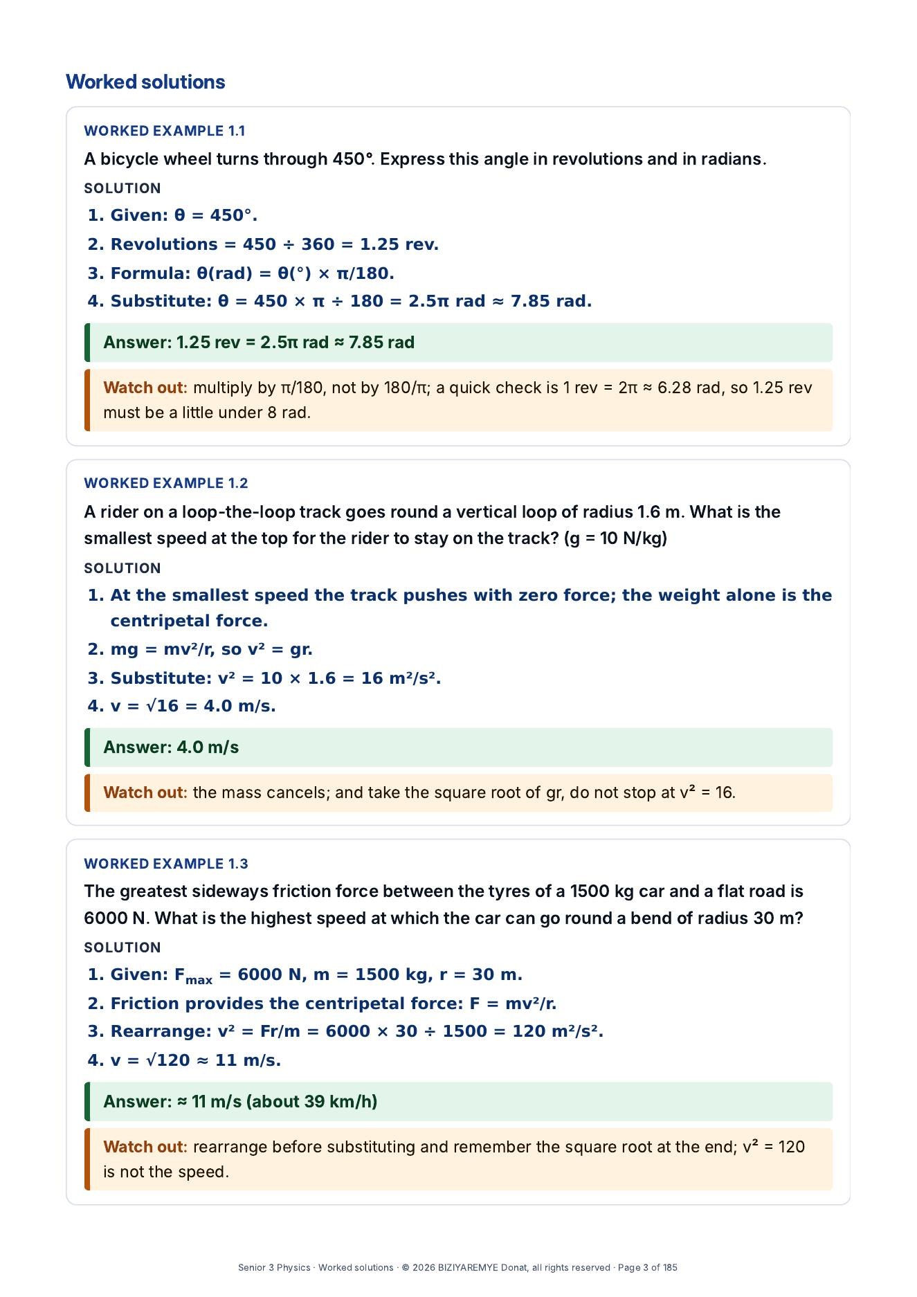 Page 3 of the Senior 3 pack: Worked solutions with “Watch out” notes
