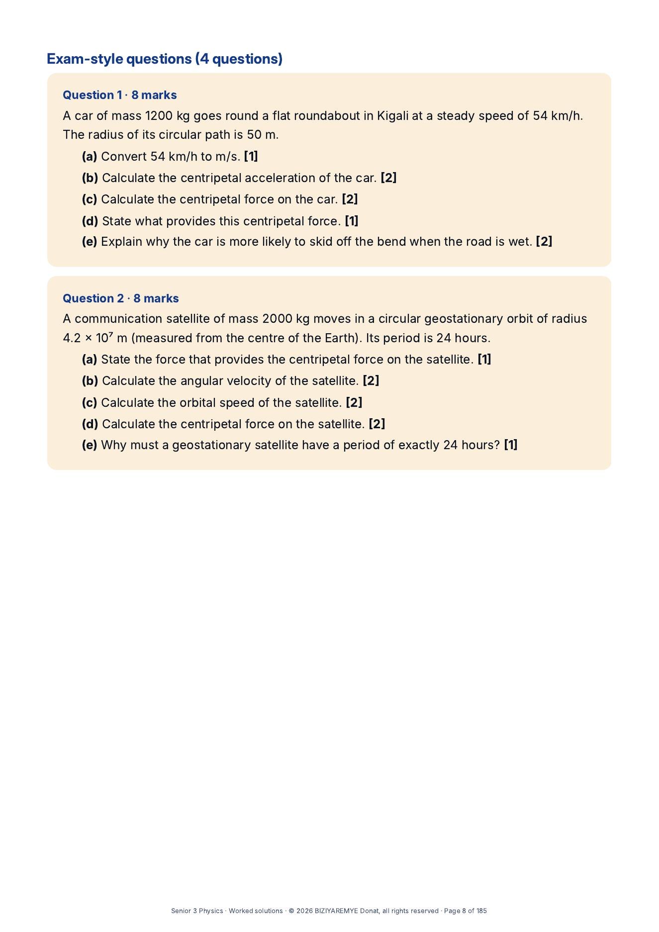 Page 8 of the Senior 3 pack: Exam-style questions with marks