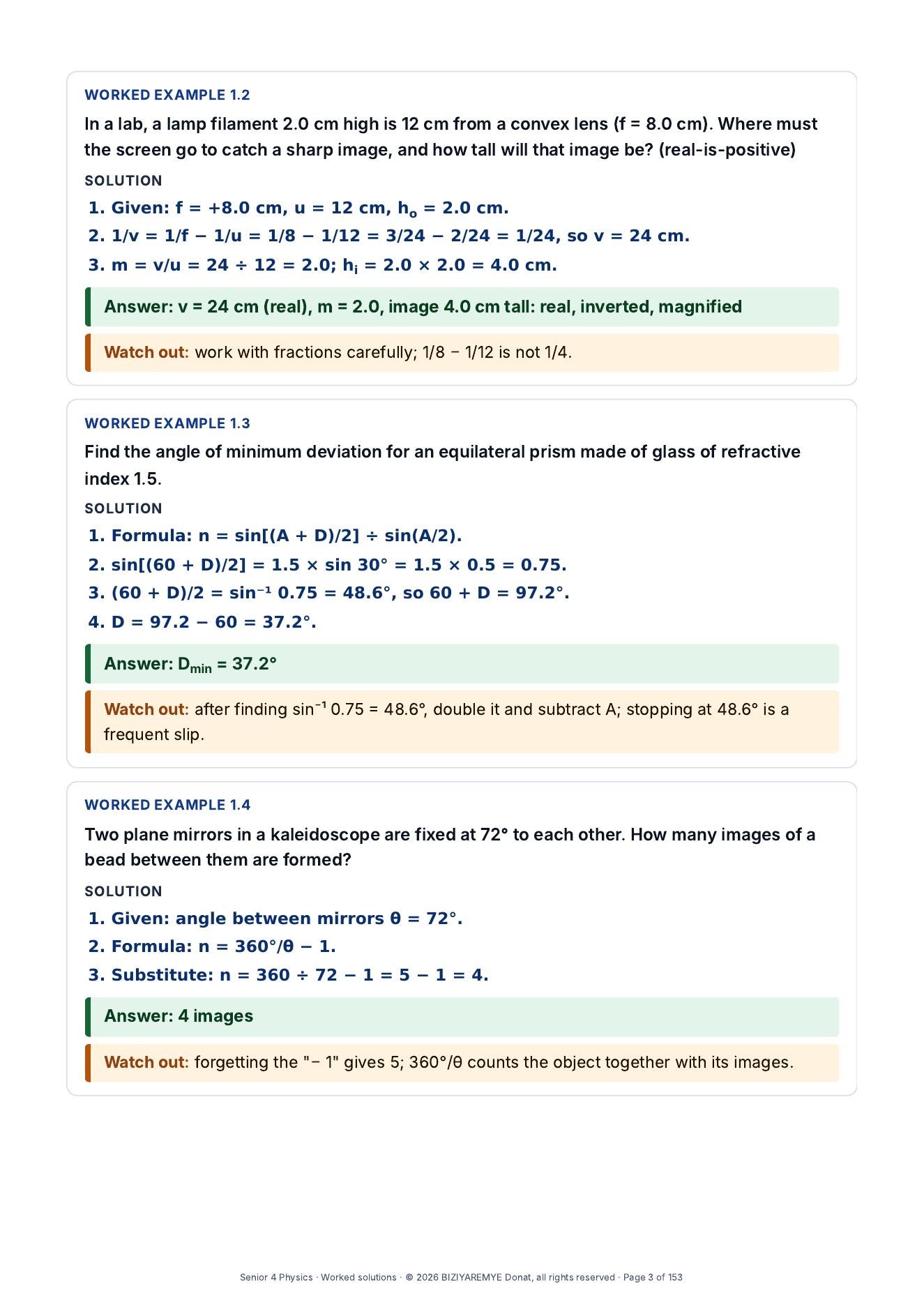 Page 3 of the Senior 4 pack: Worked solutions with “Watch out” notes
