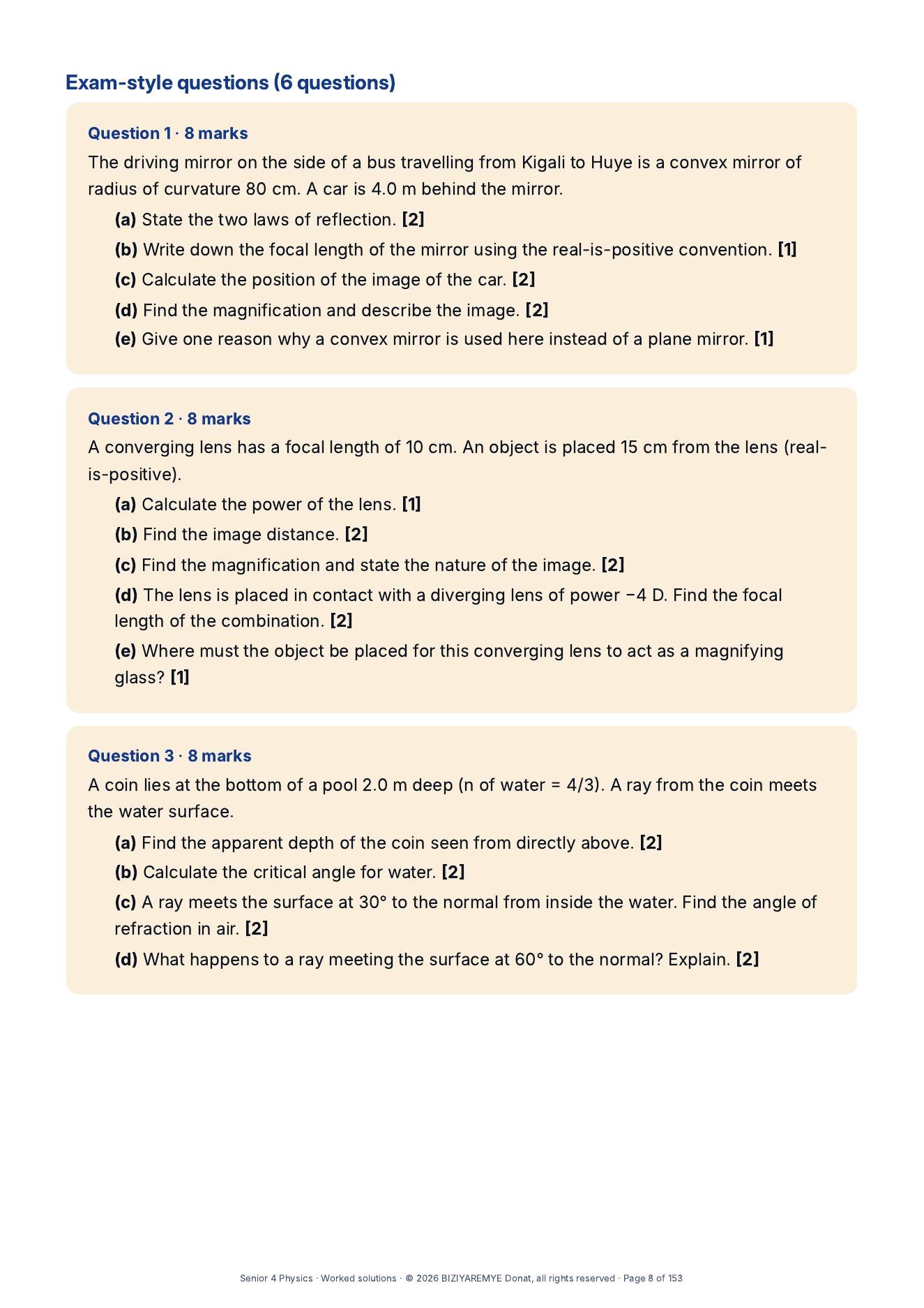 Page 8 of the Senior 4 pack: Exam-style questions with marks