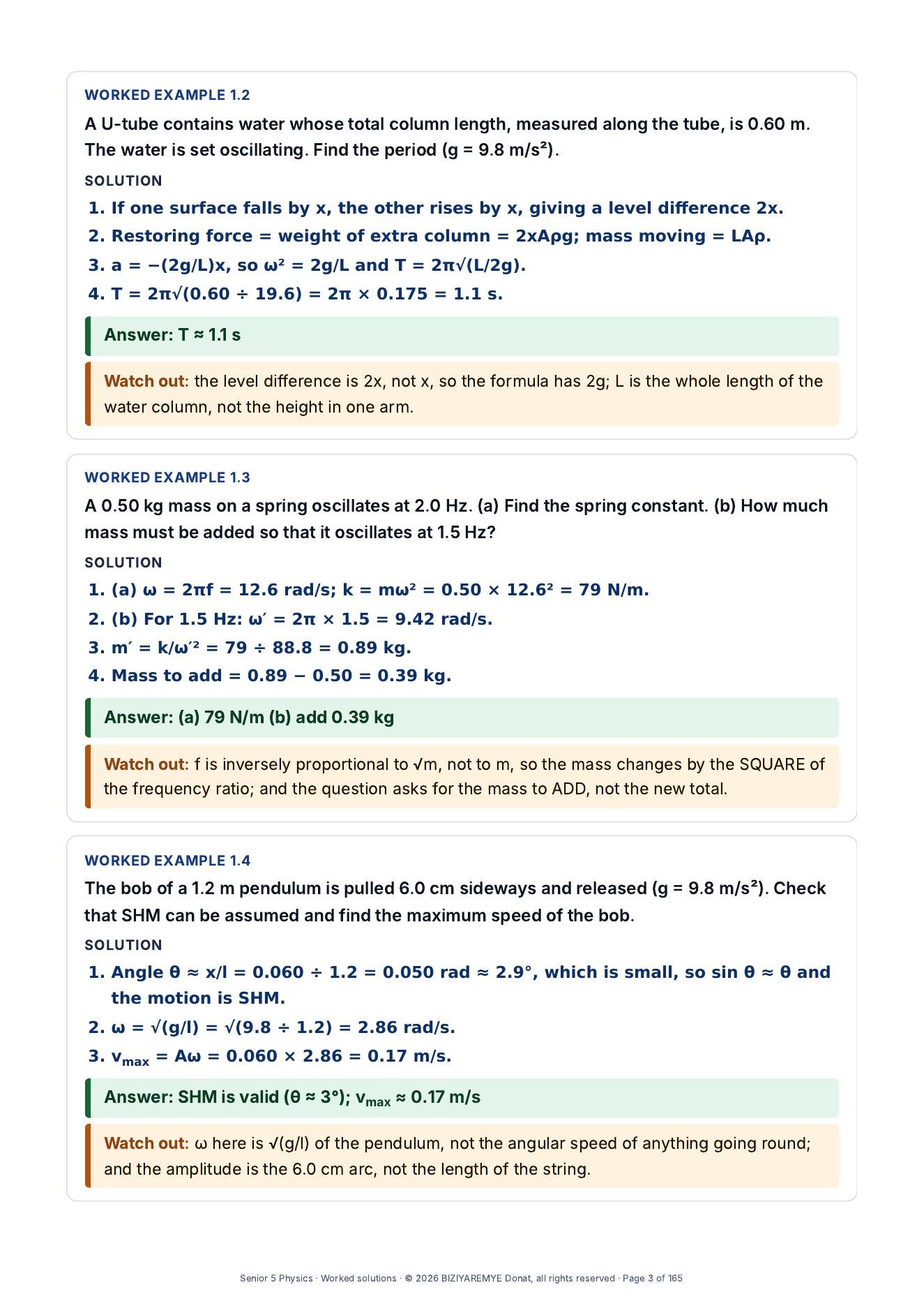 Page 3 of the Senior 5 pack: Worked solutions with “Watch out” notes