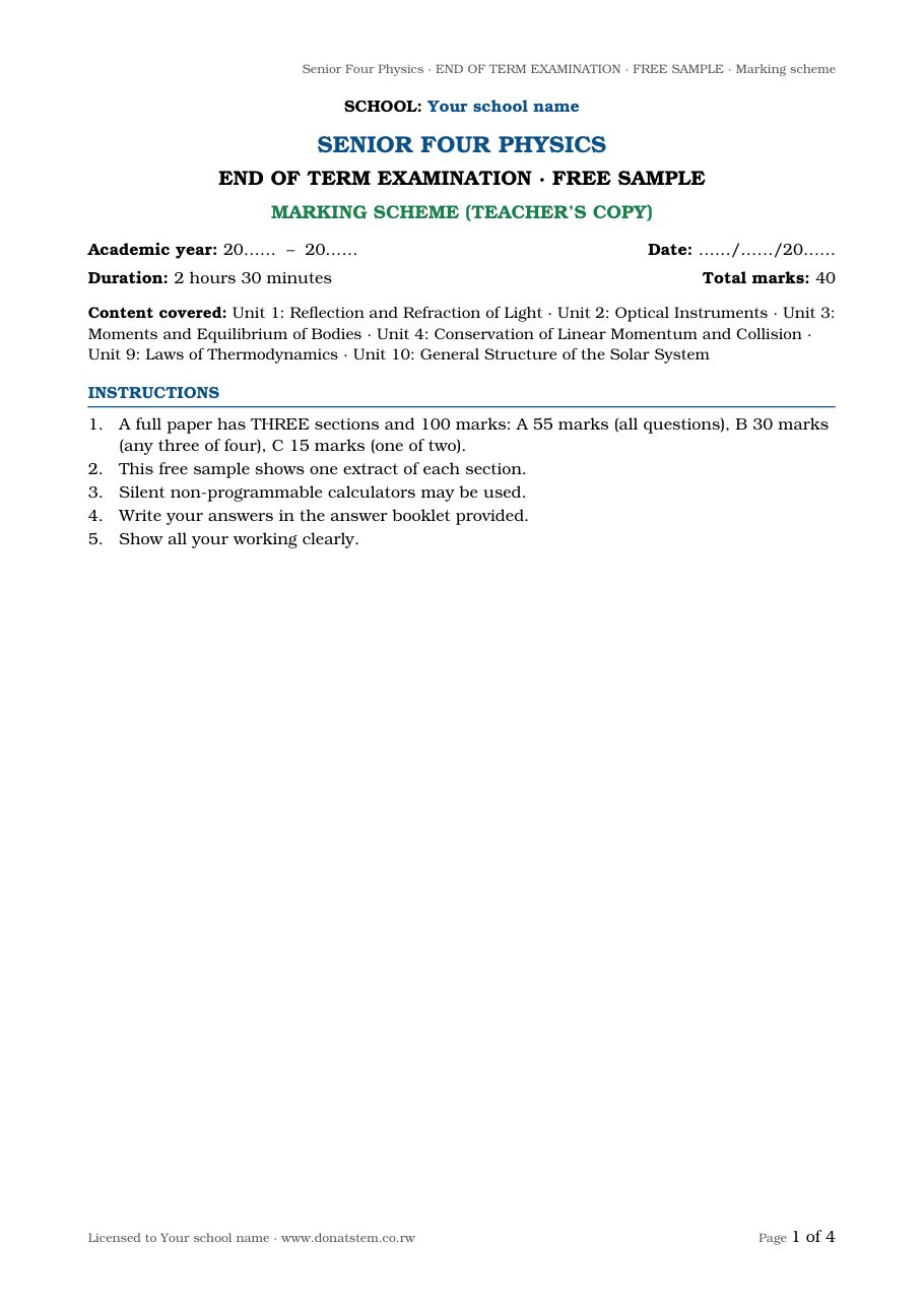 End-of-term exam sample, cover page in the national exam layout