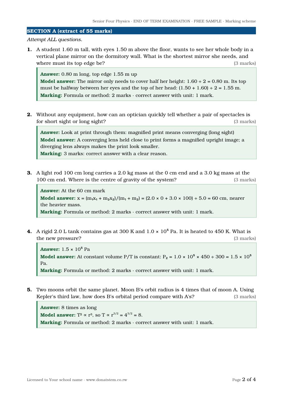 End-of-term exam sample, structured questions with marking for each step