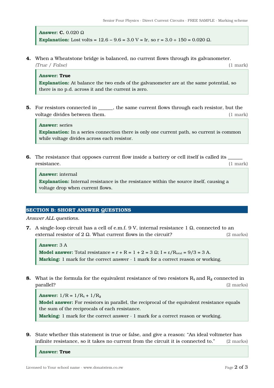 Unit quiz sample, page 2: short answers with model answers and marks
